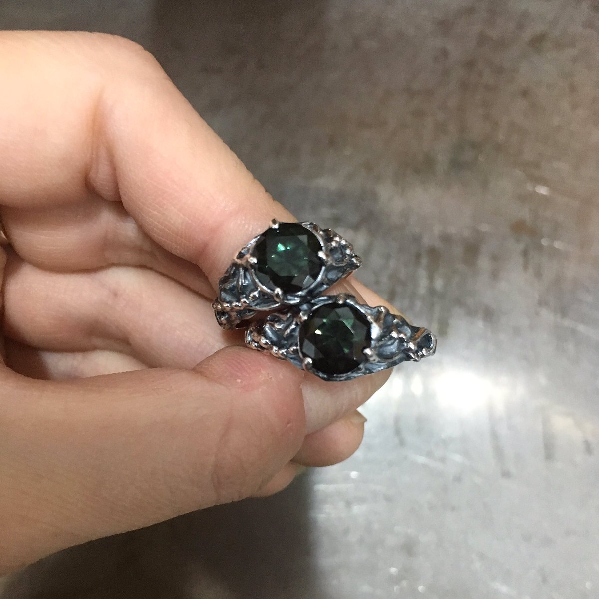 Blue blood ring with Green tourmaline